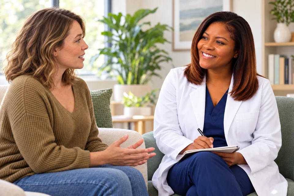 Illustrative scene of the provider listening to a Caucasian woman in a calm consultation room