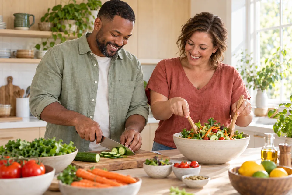 An African American man and a Caucasian woman preparing a fresh, colorful meal together in their kitchen